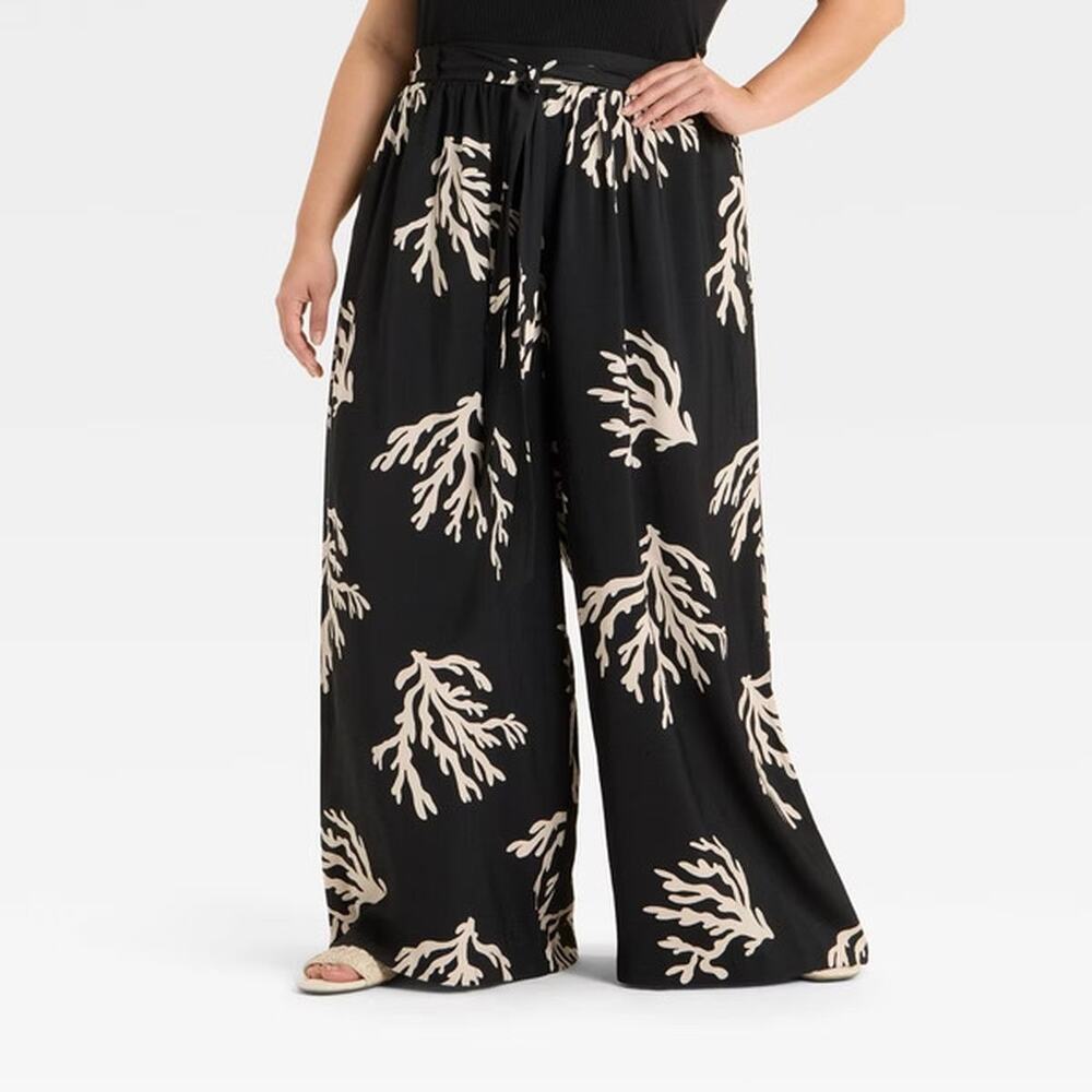 NWT Black Leaf Print Wide Leg Belted Pants Plus Size 2X Loose Boho
